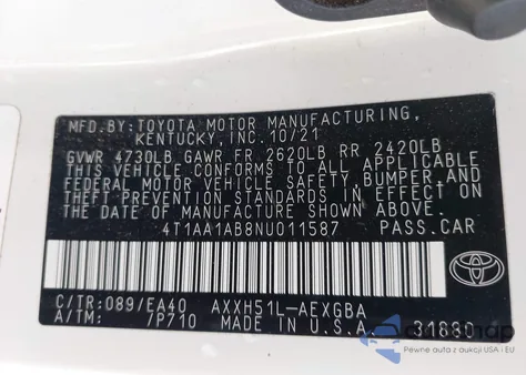 2022 Toyota Avalon Xle Hybrid из США, поврежденный, VIN 4T1AA1AB8NU011587